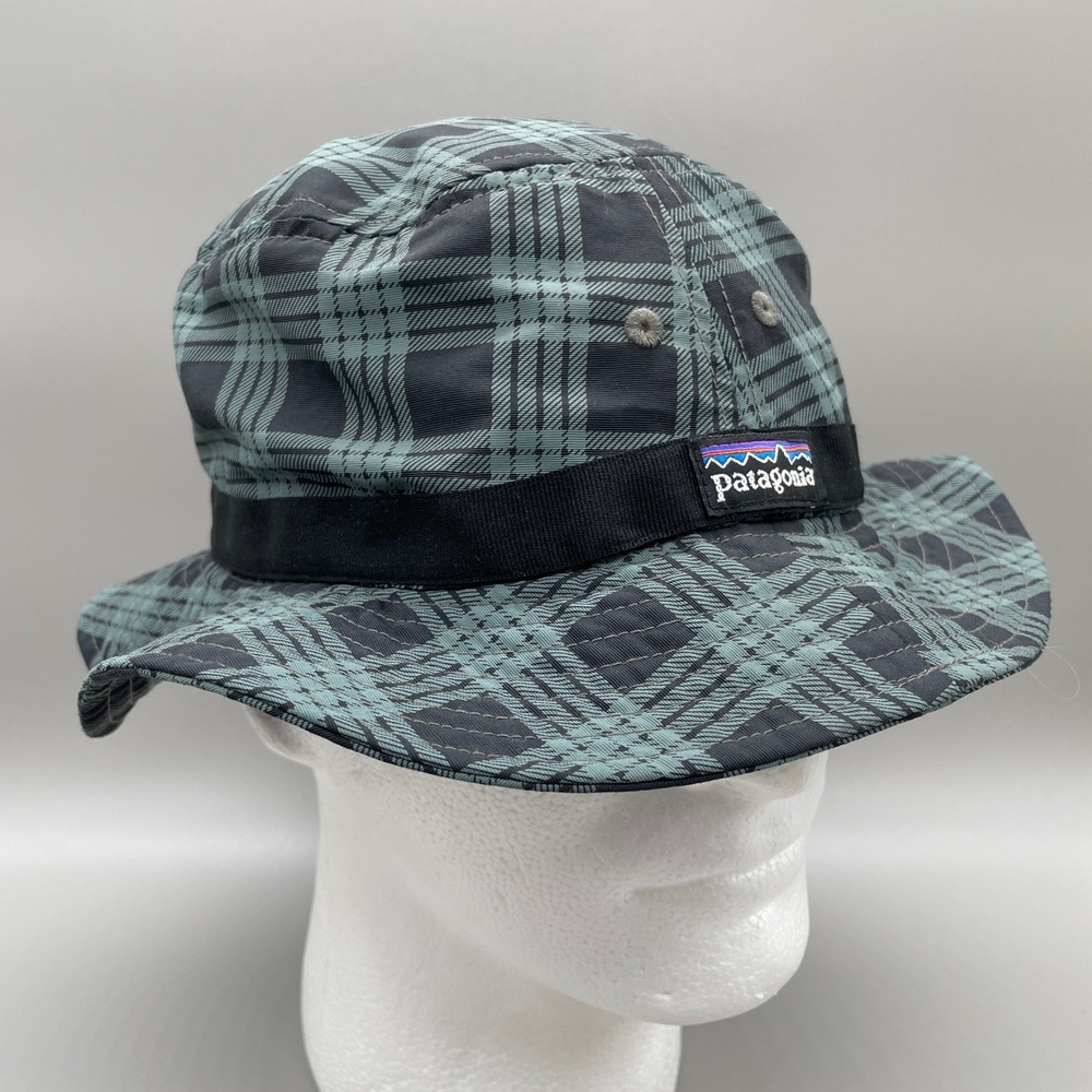 Patagonia Bucket Hat Unisex Mens S Black Teal Plaid Nylon Outdoor Sun Boonie Cap